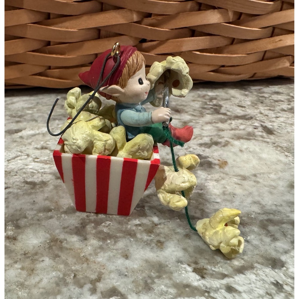 Vintage 1992 Russ Berrie Elf in Popcorn Box Christmas Ornament Seasons Greetings